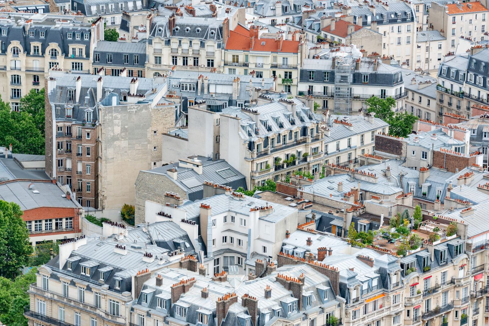 Paris rooftops and chimneys seen from above on a summer day