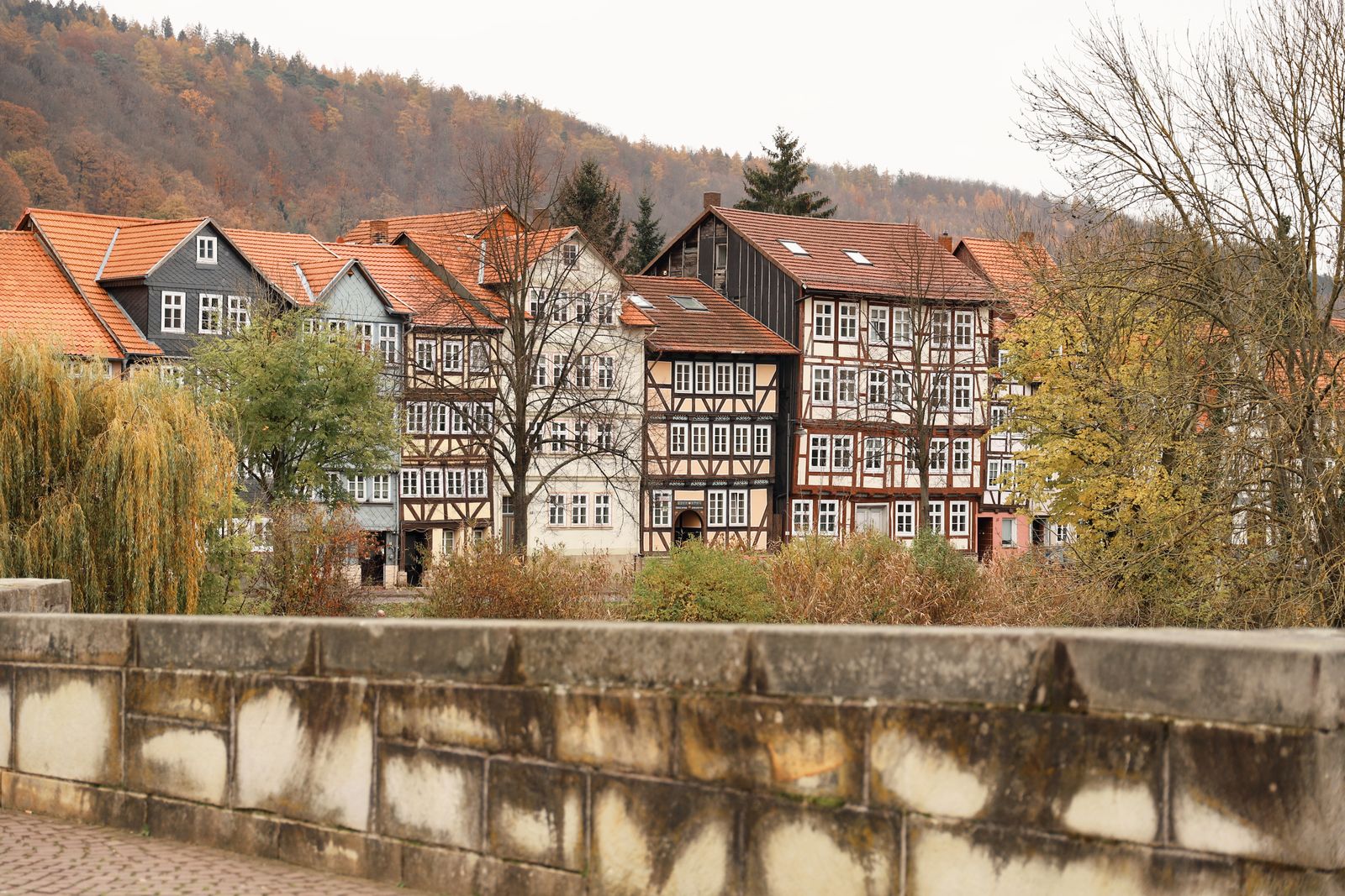 Half-timbered houses above an old stone wall in a German town