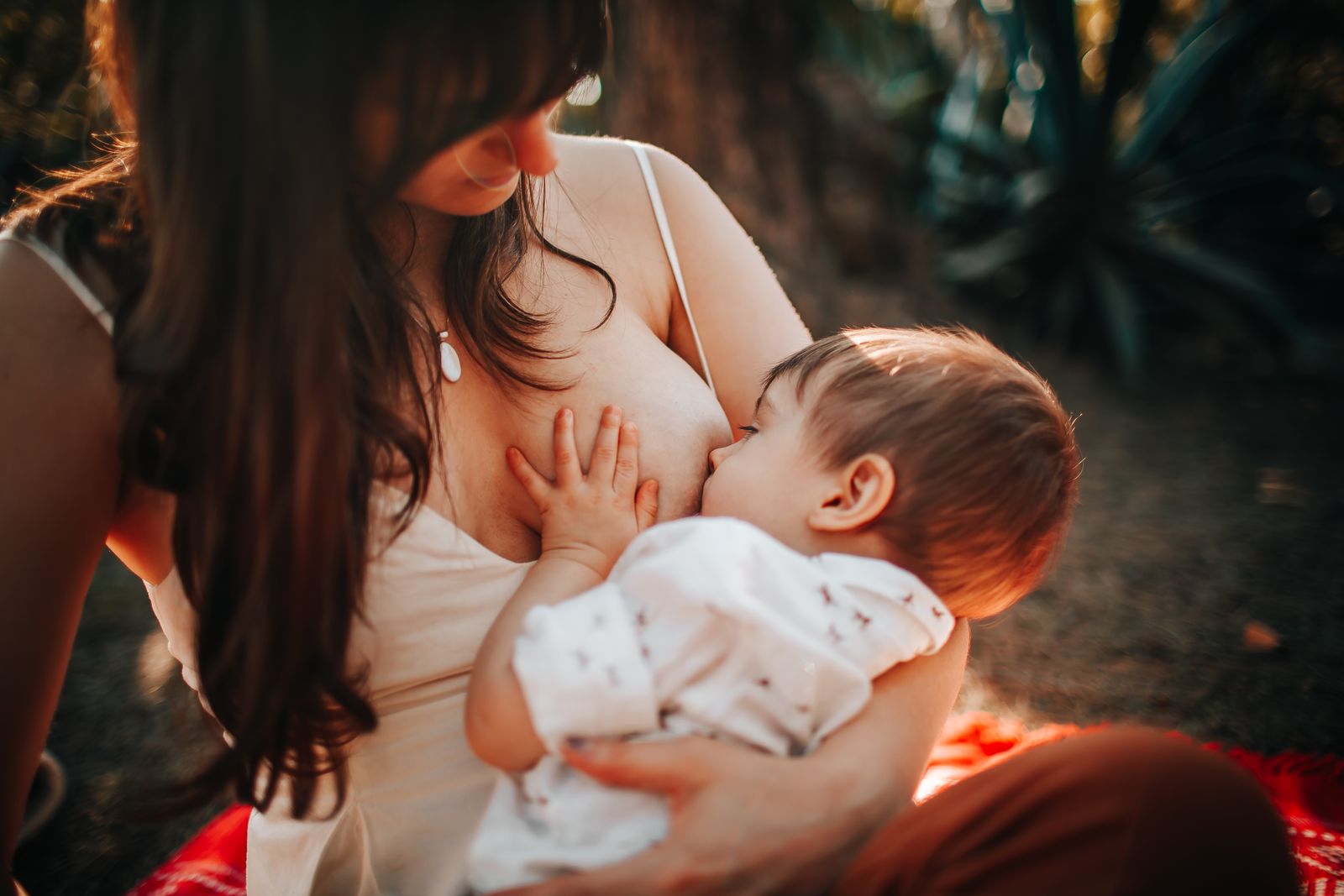 A mother nursing her baby outdoors in warm evening light