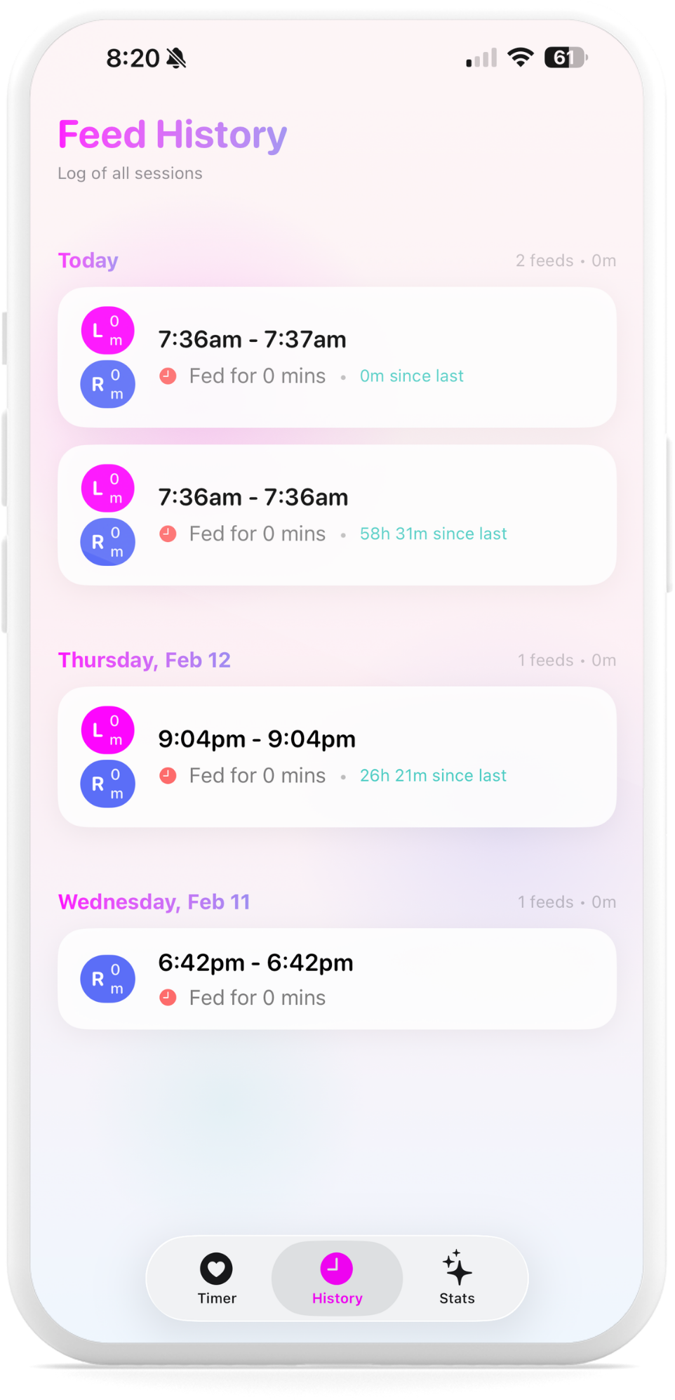 MilkMode feed history showing a log of all feeding sessions