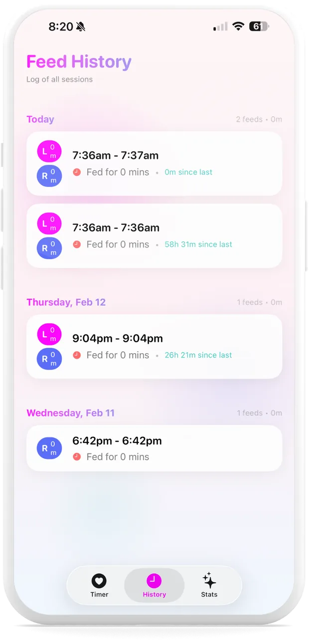 MilkMode feed history showing a log of all feeding sessions