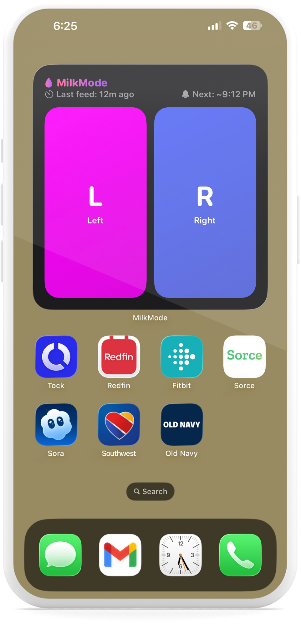 MilkMode Home Screen widget showing left and right breast buttons