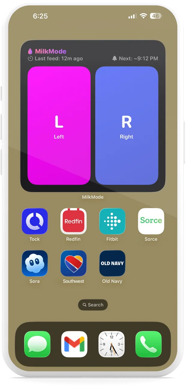 MilkMode Home Screen widget showing left and right breast buttons