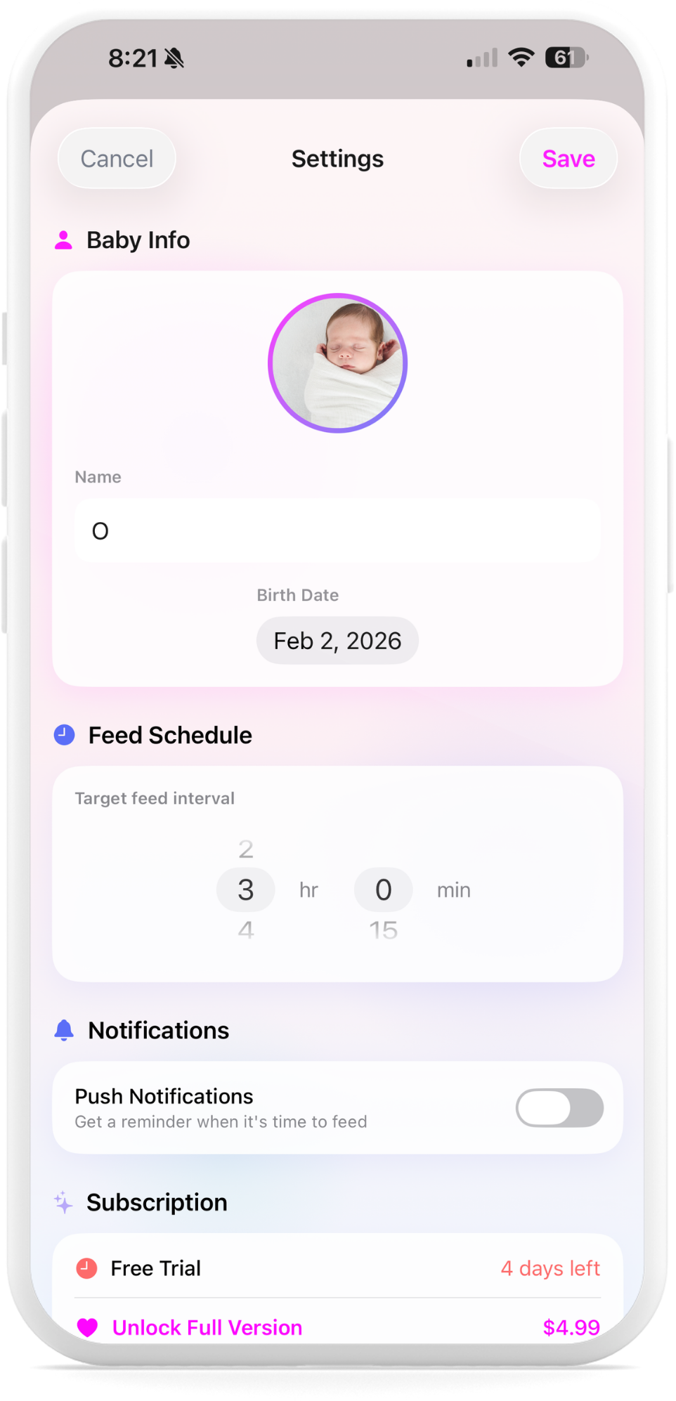 MilkMode settings screen showing baby info and feed schedule