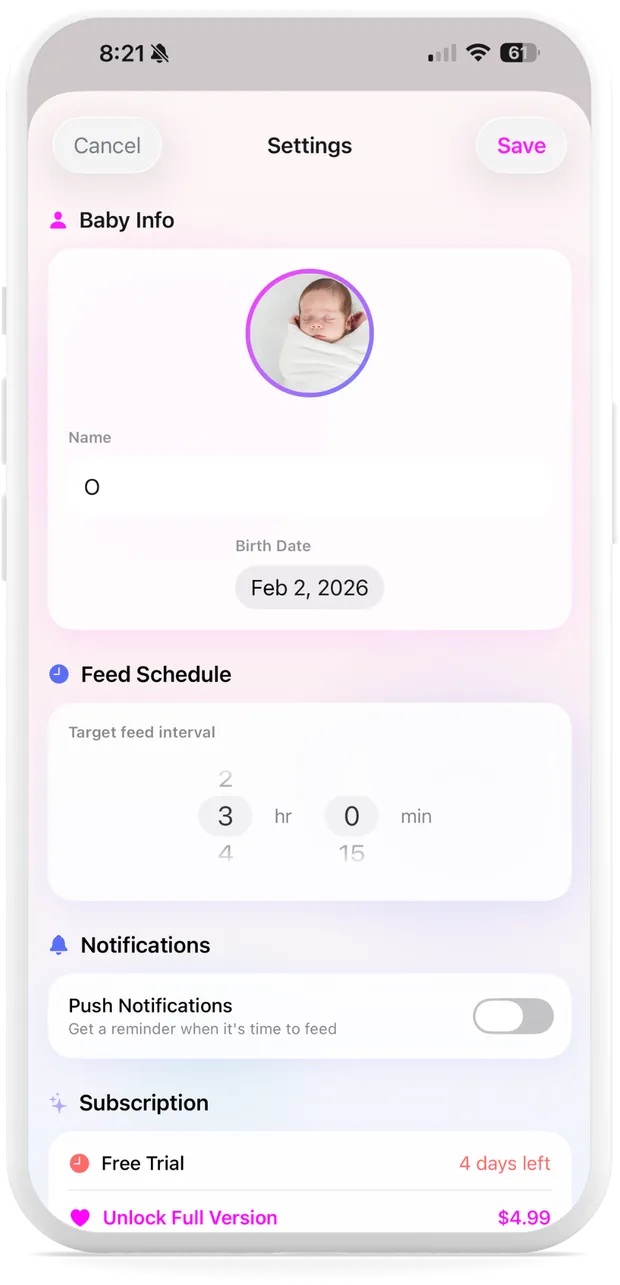 MilkMode settings screen showing baby info and feed schedule
