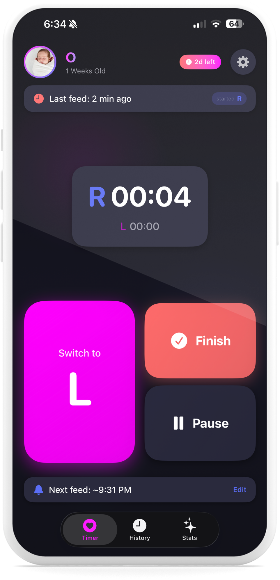 MilkMode breastfeeding timer in dark mode running a feed on the left side during a night feed