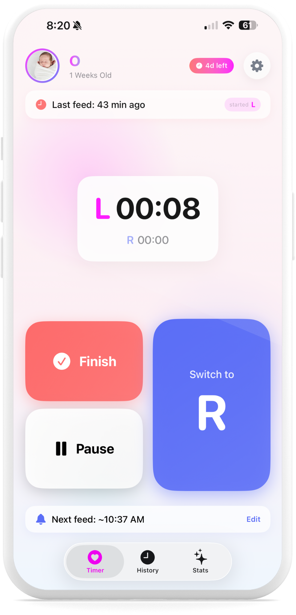 MilkMode timer with left and right breast buttons, finish and pause controls