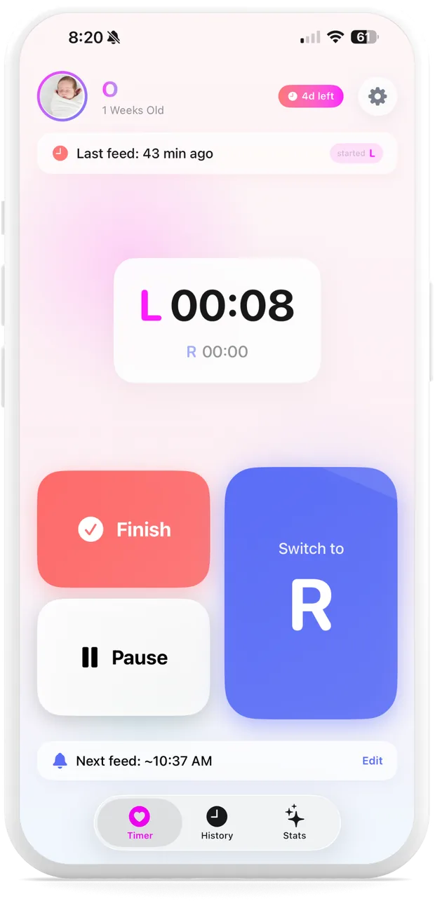 MilkMode timer with left and right breast buttons, finish and pause controls